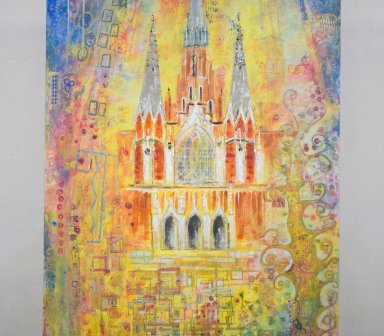Budynek świątyni: Kościół Świętego Józefa w stylu Gustava Klimta, oczarowujący ogromem pastelowych kolorów. Obraz na kartonie ustawiony na sztaludze.