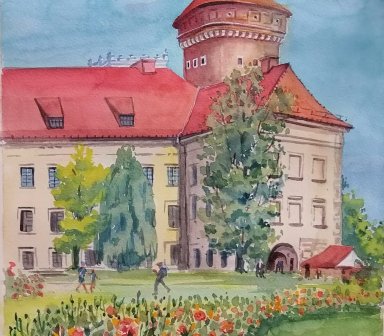 Obraz przedstawia pejzaż: widzimy fragment Wawelu oraz ogród.