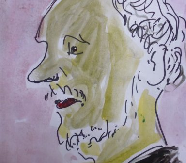 Szkic piórkiem i akwarelą przedstawiający profil starszego mężczyzny z kręconymi włosami i brodą, w ciemnej koszuli, na jasnoróżowym tle, z widocznym podpisem w lewym dolnym rogu.