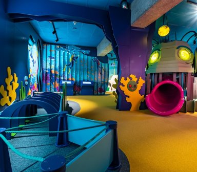 Kolorowa sala dla dzieci z dużą konstrukcją do zabawy, zjeżdżalnią, miękkimi platformami i motywami morskimi.