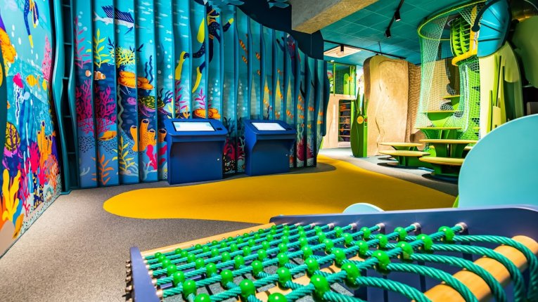Kolorowa sala dla dzieci z dużą konstrukcją do wspinania i motywami morskimi na ścianie.