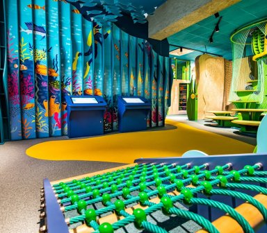 Kolorowa sala dla dzieci z dużą konstrukcją do wspinania i motywami morskimi na ścianie.