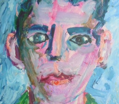 Ekspresjonistyczny portret mężczyzny z niebiesko-zielonymi włosami i oczami, z różowo-purpurowymi rumieńcami na twarzy i czerwonymi ustami, na błękitnym tle, w dolnej części widoczna jest data "2013".