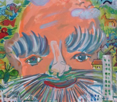 Surrealistyczne malarstwo przedstawiające wielką, pomarańczową twarz z ogromnymi, białymi brwiami i sumiastymi wąsami, otoczoną kolorowym krajobrazem i panoramą miasta, na niebieskim tle.