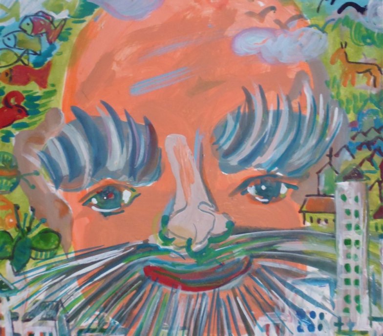 Surrealistyczne malarstwo przedstawiające wielką, pomarańczową twarz z ogromnymi, białymi brwiami i sumiastymi wąsami, otoczoną kolorowym krajobrazem i panoramą miasta, na niebieskim tle.