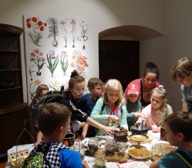 Grupa dzieci wraz z opiekunami uczestniczy w warsztatach edukacyjnych przy stole, przygotowując mieszanki ziół i nasion; na stole stoją słoiki z roślinami i moździerze, w tle plansza z ilustracjami botanicznymi.